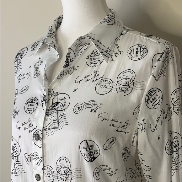 MISHCA Black White Travel Stamp Passport Blouse M - Picture 2 of 9